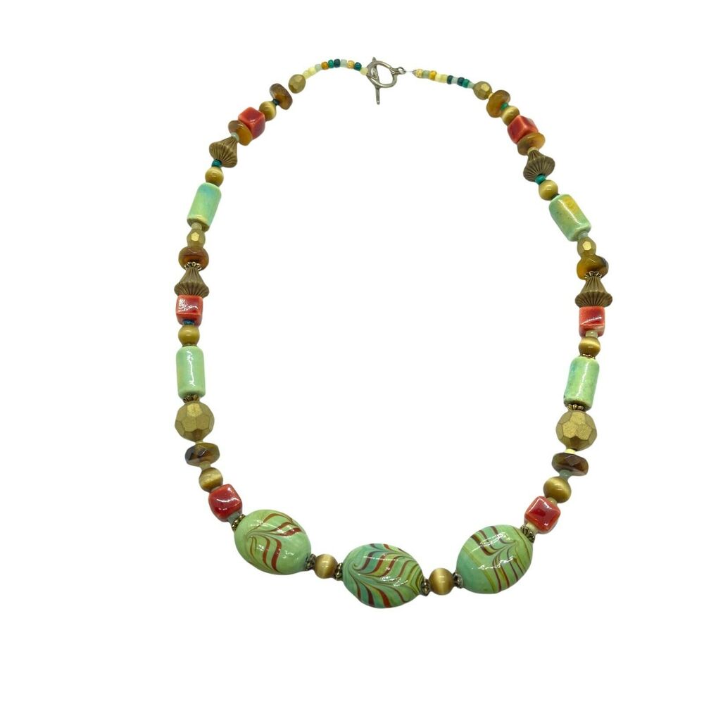 Funky Statement Necklace Women's Multicolor Green Glass Metal Acrylic Beaded 22"